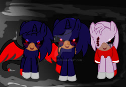 Size: 1024x705 | Tagged: safe, artist:sonic5100, imported from derpibooru, oc, oc:sonica, alicorn, earth pony, pony, .exe, amy rose, amy.exe, blood, crying, demon wings, evil, looking at you, ponified, red dress, red eyes, smiling, sonic the hedgehog, sonic the hedgehog (series), sonic.exe, sonica.exe, stitches, tears of blood, wings, zalgo