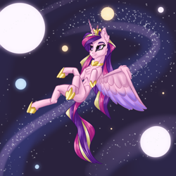 Size: 4000x4000 | Tagged: safe, artist:sugarypolecat, imported from derpibooru, princess cadance, alicorn, pony, galaxy, horn, horseshoes, jewelry, pink body, purple eyes, regalia, solo, space, spread wings, wings