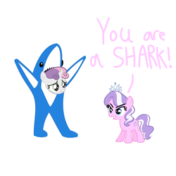 Size: 768x768 | Tagged: safe, imported from derpibooru, diamond tiara, sweetie belle, earth pony, pony, shark, unicorn, angry, clothes, costume, female, filly, frown, katy perry, left shark, narrowed eyes, sad, shark belle, shark costume, simple background, white background, yelling