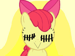 Size: 960x720 | Tagged: safe, artist:angrymetal, imported from derpibooru, apple bloom, earth pony, pony, .exe, 1000 hours in ms paint, bow, female, filly, hair bow, smiling, stitched eyes, stitches, why