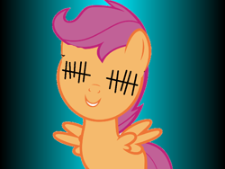 Size: 960x720 | Tagged: safe, artist:angrymetal, imported from derpibooru, scootaloo, pegasus, pony, .exe, 1000 hours in ms paint, female, filly, sally.exe, smiling, stitched eyes, stitches, why