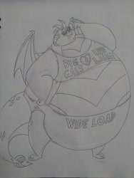 Size: 1944x2592 | Tagged: safe, artist:princebluemoon3, imported from derpibooru, princess ember, dragon, series:a field trip to the world of yummy desserts, clothes, dragoness, dragonlard ember, fat, female, grayscale, midriff, monochrome, sketch, solo, solo female, sunglasses, swimsuit, traditional art, weight gain, weight gain sequence
