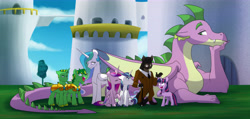 Size: 9600x4584 | Tagged: safe, artist:chub-wub, imported from derpibooru, princess cadance, princess celestia, shining armor, spike, twilight sparkle, oc, oc:heckel, oc:jeckel, oc:professor fidelis igneous, alicorn, diamond dog, dragon, earth pony, pony, unicorn, adult, adult spike, alternate universe, fanfic, fanfic art, fanfic cover, older, older spike, unicorn twilight, winged spike, wings