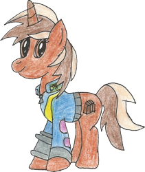 Size: 943x1116 | Tagged: safe, artist:pegasski, imported from derpibooru, oc, oc only, oc:softbox, pony, unicorn, fallout equestria, clothes, horn, jumpsuit, simple background, smiling, solo, traditional art, transparent background, unicorn oc, vault suit