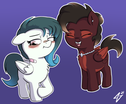 Size: 2286x1890 | Tagged: safe, artist:heretichesh, imported from derpibooru, oc, oc:ethereal pelagia, oc:sweet sinistry, pegasus, pony, vampire, bandage, blushing, cousins, facial markings, female, filly, jewelry, necklace, pale belly, two toned wings, wings