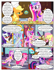 Size: 612x792 | Tagged: safe, artist:newbiespud, edit, edited screencap, imported from derpibooru, screencap, applejack, fluttershy, princess cadance, rainbow dash, twilight sparkle, bird, pegasus, pony, unicorn, comic:friendship is dragons, a canterlot wedding, season 2, alternate hairstyle, apple, apple fritter (food), baton, chef's hat, comic, dancing, dialogue, eyelashes, female, food, glasses, glowing horn, hat, hoof shoes, horn, indoors, magic, mare, mouth hold, peytral, quill, reflection, screencap comic, scroll, singing, smiling, telekinesis, unicorn twilight, wings