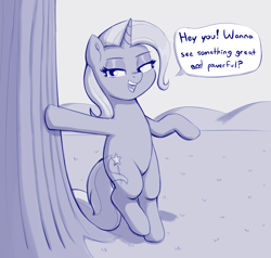 Size: 1984x1887 | Tagged: safe, artist:heretichesh, imported from derpibooru, trixie, pony, unicorn, dialogue, eyeshadow, female, leaning, looking at you, makeup, mare, smug, solo, text, tree