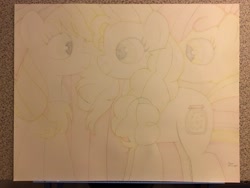 Size: 4032x3024 | Tagged: safe, artist:thor-disciple, apple bloom, applejack, pear butter, earth pony, pony, blonde mane, concealed, concealed face, daughter, family, female, food, jam, jar, jelly, looking at each other, mane, mother, mother and child, mother and daughter, ponytail, red mane, siblings, sister, sisters, smiling, smiling at each other, yellow mane