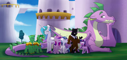 Size: 1600x764 | Tagged: safe, artist:chub-wub, imported from derpibooru, princess cadance, princess celestia, shining armor, spike, twilight sparkle, oc, oc:heckel, oc:jeckel, oc:professor fidelis igneous, alicorn, diamond dog, earth pony, pony, unicorn, adult, adult spike, alternate universe, fanfic art, older, older spike