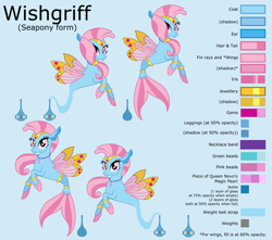 Size: 13621x12030 | Tagged: safe, artist:ethanjacobsyrosca, imported from derpibooru, oc, oc only, oc:wishgriff, genie, seapony (g4), absurd resolution, blue background, bottle, bracelet, circlet, clothes, gold, jewelry, leggings, looking at you, not silverstream, redesign, reference sheet, simple background, smiling, solo, vector, wing jewelry