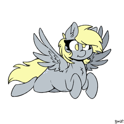 Size: 1600x1600 | Tagged: safe, alternate version, artist:skoon, derpibooru exclusive, imported from derpibooru, derpy hooves, pegasus, chest fluff, female, flying, signature, simple background, smiling, spread wings, strabismus, white background, wings