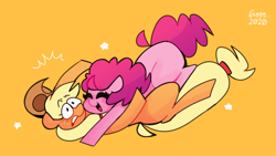 Size: 640x360 | Tagged: safe, artist:opossum-stuff, imported from derpibooru, applejack, pinkie pie, earth pony, pony, applejack's hat, cowboy hat, female, hat, hug, mare, open mouth, smiling, tackle