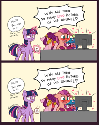 Size: 499x634 | Tagged: safe, artist:soulfulmirror, imported from ponybooru, izzy moonbow, sunny starscout, twilight sparkle, alicorn, earth pony, pegasus, pony, unicorn, blushing, coffee mug, dialogue, duplication, embarrassed, female, g5, heart eyes, hornball, implied porn, mare, monitor, mug, pipp, twilight sparkle (alicorn), varying degrees of want, wingding eyes