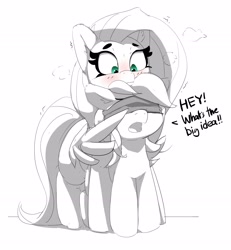Size: 2886x3121 | Tagged: safe, artist:pabbley, imported from ponybooru, fluttershy, rainbow dash, pegasus, pony, blindfold, blushing, duo, ear fluff, ears, fanfic art, female, floppy ears, looking down, mare, monochrome, neo noir, open mouth, partial color, simple background, size difference, sketch, white background