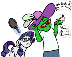 Size: 1334x1055 | Tagged: safe, artist:skookz, imported from derpibooru, rarity, oc, oc:anon, human, pony, unicorn, angry, asking for it, clothes, cup, darling, female, frying pan, glasses, hat, imminent pain, magic, magic aura, male, mare, mocking, no pupils, rarity is not amused, reference, simple background, speech bubble, teacup, telekinesis, this is going to hurt, this will end in pain, toy story, transparent background, unamused