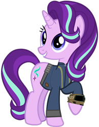 Size: 1280x1641 | Tagged: safe, artist:andoanimalia, artist:ponygamer2020, imported from derpibooru, starlight glimmer, pony, unicorn, fallout equestria, uncommon bond, absurd resolution, clothes, fallout, female, happy, jumpsuit, mare, pipboy, simple background, solo, starlight glimmer day, transparent background, vault suit, vector