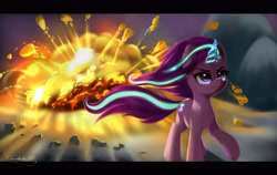 Size: 3500x2216 | Tagged: safe, artist:darksly, imported from derpibooru, starlight glimmer, pony, unicorn, the ending of the end, badass, cheese, cool guys don't look at explosions, cutie mark, explosion, female, fire, food, magic, mare, scene interpretation, solo, walking, wat