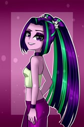 Size: 1000x1500 | Tagged: safe, artist:nekojackun, imported from derpibooru, aria blaze, equestria girls, aria flat, ariabetes, bare shoulders, clothes, cute, delicious flat chest, eyeshadow, female, looking at you, makeup, pigtails, sleeveless, smiling, solo, twintails