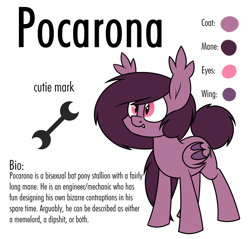 Size: 1168x1115 | Tagged: safe, artist:moonatik, imported from derpibooru, oc, oc only, oc:pocarona, bat pony, pony, bat pony oc, bat wings, fangs, male, reference sheet, solo, stallion, vulgar, wings