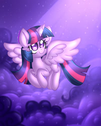 Size: 1630x2030 | Tagged: safe, artist:ladylullabystar, imported from derpibooru, twilight sparkle, alicorn, pony, chest fluff, cloud, cute, ear fluff, female, flying, happy, mare, night, smiling, solo, twiabetes, twilight sparkle (alicorn)