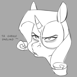 Size: 1388x1388 | Tagged: safe, artist:llama_draws, imported from derpibooru, rarity, pony, unicorn, angry, bust, dialogue, female, french, glare, gray background, grayscale, head, horn, mare, monochrome, simple background, sketch, solo, vulgar