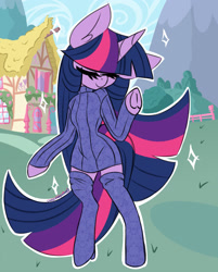 Size: 1630x2030 | Tagged: safe, artist:ladylullabystar, imported from derpibooru, twilight sparkle, semi-anthro, adorasexy, closed mouth, clothes, cute, ear fluff, eyes closed, female, horn, impossibly large mane, impossibly large tail, sexy, socks, solo, sweater, thigh highs, zettai ryouiki