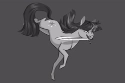 Size: 3988x2659 | Tagged: safe, artist:llama_draws, imported from derpibooru, twilight sparkle, pony, unicorn, grayscale, monochrome, mouth hold, running, solo, sword, unicorn twilight, weapon