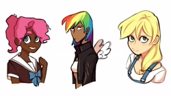 Size: 3578x2012 | Tagged: safe, artist:llama_draws, imported from derpibooru, applejack, pinkie pie, rainbow dash, human, book, bow, clothes, dark skin, humanized, jacket, light skin, looking at you, moderate dark skin, overalls, shirt, sketch, smiling, tanktop, unamused, winged humanization, wings