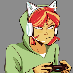 Size: 855x856 | Tagged: safe, artist:llama_draws, imported from derpibooru, sunset shimmer, equestria girls, cat ears, clothes, controller, gamer sunset, gradient background, headphones, headset, hoodie, solo