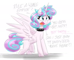 Size: 1877x1522 | Tagged: safe, artist:flutterthrash, imported from derpibooru, princess flurry heart, alicorn, pony, angry, choker, dialogue, feathered wings, female, implied princess cadance, mare, offscreen character, older, older flurry heart, princess emo heart, sketch, solo, spiked choker, spread wings, wings