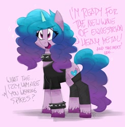 Size: 1834x1864 | Tagged: safe, artist:flutterthrash, imported from derpibooru, izzy moonbow, pony, unicorn, choker, clothes, dialogue, female, g5, mare, offscreen character, shirt, sketch, solo, spiked choker, spiked wristband, wristband