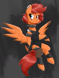 Size: 1200x1597 | Tagged: safe, artist:flutterthrash, imported from derpibooru, oc, oc only, pegasus, pony, choker, clothes, ear piercing, earring, flying, heterochromia, jewelry, piercing, socks, solo, spiked choker, spread wings, stockings, thigh highs, unamused, wings