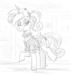Size: 1669x1776 | Tagged: safe, artist:flutterthrash, imported from derpibooru, princess cadance, alicorn, pony, choker, clothes, ear piercing, earring, female, grayscale, jewelry, lidded eyes, monochrome, piercing, shirt, sketch, smiling, solo, spiked choker, tail wrap, teen princess cadance, younger