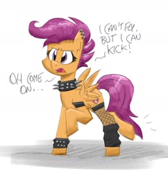 Size: 1658x1693 | Tagged: safe, artist:flutterthrash, imported from derpibooru, scootaloo, pegasus, pony, choker, clothes, dialogue, ear piercing, earring, fishnets, jewelry, offscreen character, older, piercing, simple background, socks, solo, spiked choker, spiked wristband, stockings, thigh highs, white background, wristband