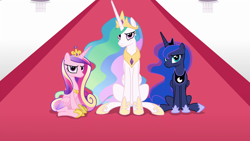 Size: 1920x1080 | Tagged: safe, imported from derpibooru, screencap, princess cadance, princess celestia, princess luna, alicorn, pony, twilight's kingdom, 1080p, alicorn triarchy, blank flank, cadance is not amused, celestia is not amused, cute, female, frown, glare, grumpy, looking at you, luna is not amused, mare, sitting, unamused