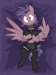Size: 1200x1600 | Tagged: safe, artist:flutterthrash, imported from derpibooru, oc, oc only, oc:blindside, pony, angry, blushing, choker, clothes, femboy, fishnets, looking at you, male, middle feather, middle finger, nonbinary, shirt, socks, solo, spiked choker, stockings, suggestive source, thigh highs, vulgar, wing hands, wings