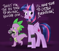 Size: 2627x2248 | Tagged: safe, artist:flutterthrash, imported from derpibooru, spike, twilight sparkle, alicorn, dragon, pony, ..., annoyed, choker, dialogue, duo, grammar error, implied princess luna, offscreen character, spiked choker, spiked wristband, twilight sparkle (alicorn), unamused, wristband