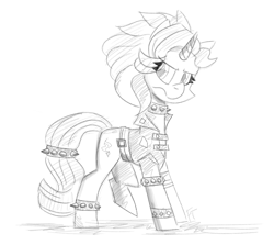 Size: 1849x1649 | Tagged: safe, artist:flutterthrash, imported from derpibooru, starlight glimmer, pony, unicorn, alternate hairstyle, choker, clothes, edgelight glimmer, frown, grayscale, jacket, looking at you, monochrome, sketch, solo, spiked choker, spiked wristband, tail wrap, unamused, wristband