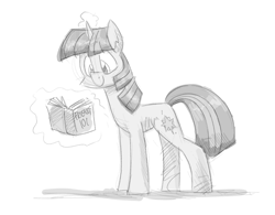 Size: 2354x1836 | Tagged: safe, artist:flutterthrash, imported from derpibooru, twilight sparkle, pony, unicorn, book, grayscale, levitation, magic, monochrome, sketch, smiling, solo, telekinesis, unicorn twilight