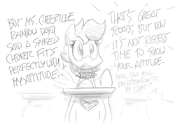 Size: 2011x1491 | Tagged: safe, artist:flutterthrash, imported from derpibooru, scootaloo, pegasus, pony, choker, desk, dialogue, grayscale, implied cheerilee, monochrome, offscreen character, school, school desk, sketch, solo, spiked choker, spread wings, wings