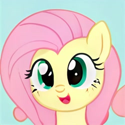 Size: 1024x1024 | Tagged: safe, artist:thisponydoesnotexist, imported from derpibooru, fluttershy, pegasus, pony, ai content, ai generated, blue background, bust, cute, daaaaaaaaaaaw, generator:thisponydoesnotexist, looking at you, neural network, not fluttershy, open mouth, portrait, shyabetes, simple background, solo