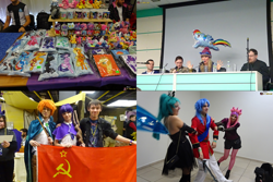 Size: 720x480 | Tagged: safe, imported from derpibooru, princess cadance, queen chrysalis, shining armor, starlight glimmer, sunburst, human, clothes, cosplay, costume, irl, irl human, photo, rubronycon, russia, soviet union, stalin glimmer