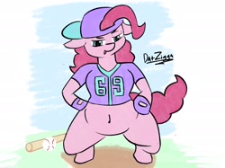 Size: 2732x2048 | Tagged: safe, artist:datzigga, imported from derpibooru, pinkie pie, earth pony, pony, 69 (number), baseball, baseball bat, baseball cap, baseball jersey, belly, cap, cute, diapinkes, hat, innuendo, solo, sports