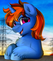 Size: 1722x2003 | Tagged: safe, artist:pridark, imported from derpibooru, imported from ponybooru, oc, oc only, oc:whirling flow, pony, unicorn, bust, chest fluff, cloven hooves, commission, dishevelled, eye reflection, hooves, looking at you, male, open mouth, portrait, power line, purple eyes, reflection, smiling, solo, stallion, unshorn fetlocks