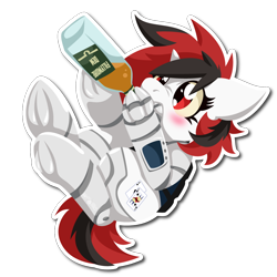 Size: 1000x1000 | Tagged: safe, artist:willoillo, imported from derpibooru, oc, oc only, oc:blackjack, cyborg, pony, unicorn, fallout equestria, fallout equestria: project horizons, alcohol, amputee, cute, cybernetic legs, fanfic art, horn, pipbuck, small horn, solo, sticker, unicorn oc, whiskey