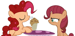 Size: 1405x673 | Tagged: safe, artist:doian, artist:strassenlaterne, imported from derpibooru, oc, oc only, oc:cherry sandwich, oc:jammy toast, earth pony, pony, base used, duo, female, milkshake, offspring, parent:cheese sandwich, parent:pinkie pie, parents:cheesepie, siblings, simple background, sisters, transparent background, twins