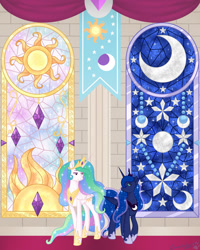 Size: 1152x1440 | Tagged: safe, artist:beadedwolf22, imported from derpibooru, princess celestia, princess luna, alicorn, pony, duo, female, mare, royal sisters, siblings, sisters, stained glass, stained glass window