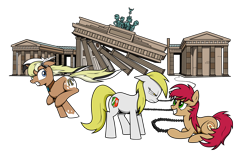 Size: 3000x1898 | Tagged: safe, artist:isegrim87, imported from derpibooru, oc, oc only, oc:princess pancake, oc:unity (brony fair), oc:westfalia, earth pony, pony, unicorn, berlin, brandenburg gate, brony fair, domino, feather in hair, female, germany, mare, mascot, oops, simple background, transparent background