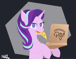 Size: 2372x1864 | Tagged: safe, artist:samsailz, imported from derpibooru, starlight glimmer, pony, unicorn, box, cheese, eating, food, herbivore, lineless, linelessart, no pupils, pineapple, pineapple pizza, pizza, pizza box, slice of pizza, solo