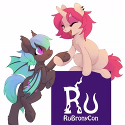 Size: 1646x1646 | Tagged: artist needed, safe, imported from derpibooru, oc, oc only, oc:delusive rose, oc:moondrive, bat pony, unicorn, duo, mascot, rubronycon, russia
